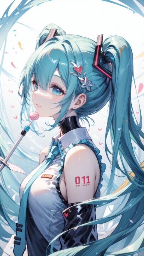  (masterpiece),(best quality),illustration,ultra detailed,hdr,Depth of field,(colorful),1girl, solo, hatsune miku, long hair, note, note, heart,twintails, profile, blue hair, Smile, lollipop, close your eyes,happiness, from side, eyelashes,blurry, upper body, parted lips, bangs, bokeh,portrait, close-up, hair ornament, depth of field, bare shoulders, aqua hair, , , , , mikudef