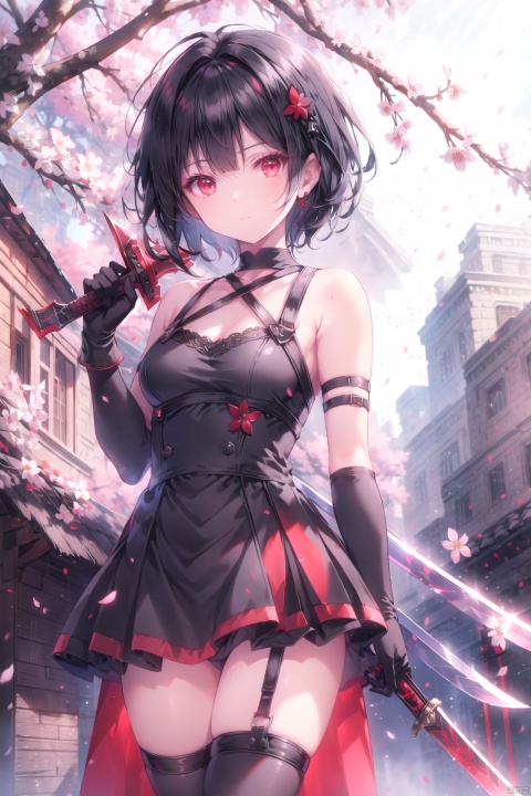  1girl, solo, breasts, looking at viewer, short hair, bangs, black hair, hair ornament, red eyes, gloves, dress, bare shoulders, closed mouth, weapon, black gloves, elbow gloves, sword, holding weapon, black dress, tree, petals, thigh strap, cherry blossoms