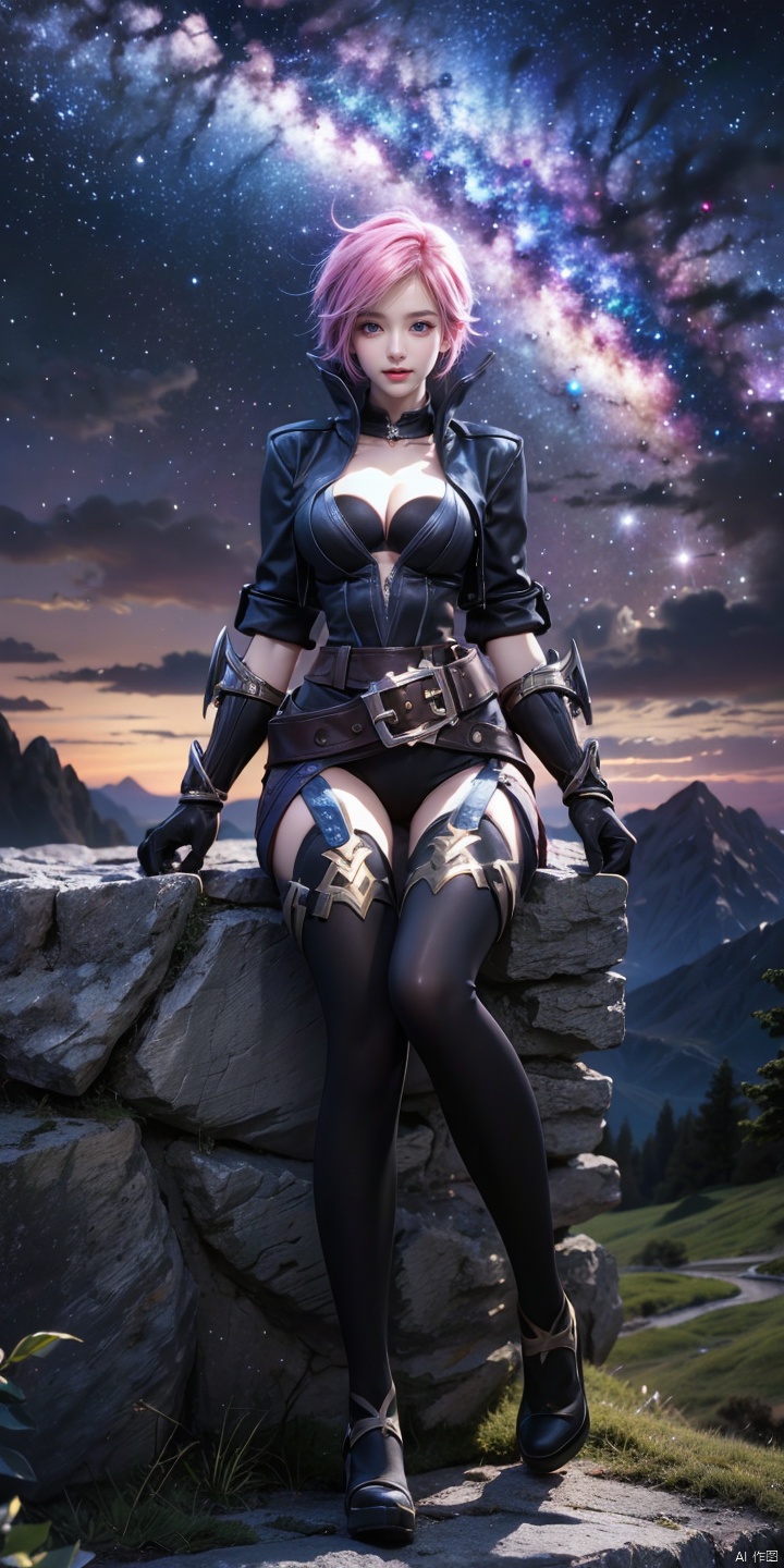 AK,scenery,sky,star \(sky\),starry sky,outdoors,night,tree,night sky,cloud,mountain,nature,milky way,
1girl,solo,pink hair,(sitting:1.1),short hair,gloves,belt,jacket,cleavage,looking at viewer,thighhighs,medium breasts,alternate costume,cropped jacket,boots,jewelry,open jacket,black gloves,
bangs,ponytail,blue eyes,hair ornament,open clothes,purple eyes,, (raw photo:1.2),((photorealistic:1.4))best quality,masterpiece,illustration,an extremely delicate and beautiful,extremely detailed,CG,unity,8k wallpaper,Amazing,finely detail,masterpiece,best quality,official art,extremely detailed CG unity 8k wallpaper,absurdres,incredibly absurdres,huge filesize,ultra-detailed,highres,extremely detailed,beautiful detailed girl,cinematic lighting,1girl,pale skin,tall female,(perfect body shape),skinny body,Slender legs,, pale skin,tall man,long legs,thin leg, girl