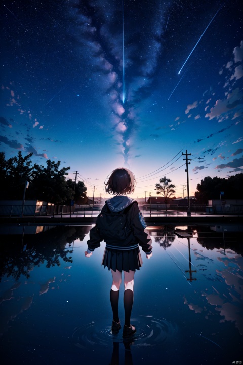  best quality, amazing quality, very aesthetic,1girl, sky, star_\(sky\), solo, skirt, cloud, socks, starry_sky, school_uniform, outstretched_arms, outdoors, short_hair, kneehighs, scenery, long_sleeves, from_behind, jacket, black_socks, spread_arms, pleated_skirt, reflection, brown_hair, building, tree, facing_away, black_jacket, floating, blazer, black_skirt, night, no_shoes, black_hair