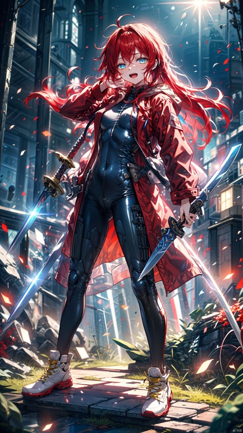  sunrise stance, (holding weapon:1.3),yellow eyes,half closed eyes,Red coat, blue eyes,evil,red hair,long hair,messy hair,black full bodysuit,serious,open mouth,ruins,sword,open stance,Red coat, , solo,battle dress, glow