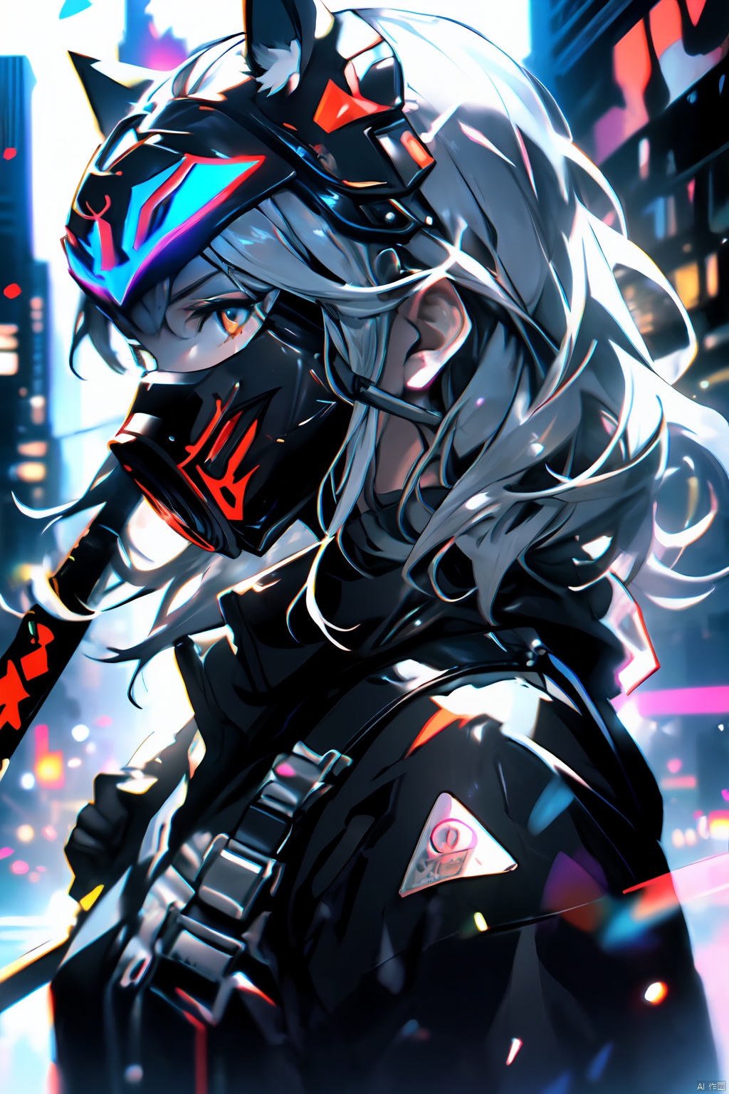  cyberpunk cityscape, a girl dressed in an elegant black suit, who has the( mask of a kitsunes blak_red:1.4), holding a baseball bat on his shoulder, with black leather gloves, 8k quality, in a medium shot on a background of a night city. digital art and illustration by greg rutkowski, trending pixiv, award winning cinematic dramatic lighting closeup portrait studio photography hyperrealistic very detailed 4K HDR volumetric lightrays octane render ultra, greyscale, , neon lights, dark alleys, skyscrapers, futuristic, vibrant colors, high contrast, highly detailed,tamamo (fate),fox girl,medium breasts,(cowboy shot),(nsfw:0.9), Thick coating, Light-electric style