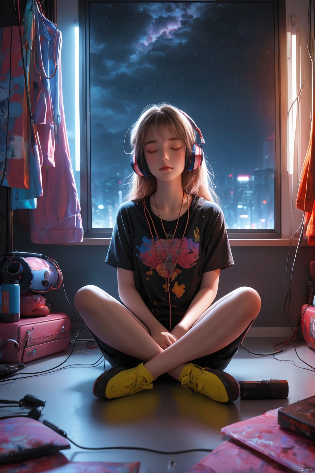  fine art, oil painting, amazing sky, . European Hippie Girl meditating in her room, dreaming, Wear headphones, night lights, Neon landscape on a rainy day, Analog Color Theme, Lo-Fi Hip Hop , retrospective, flat, 2.5D