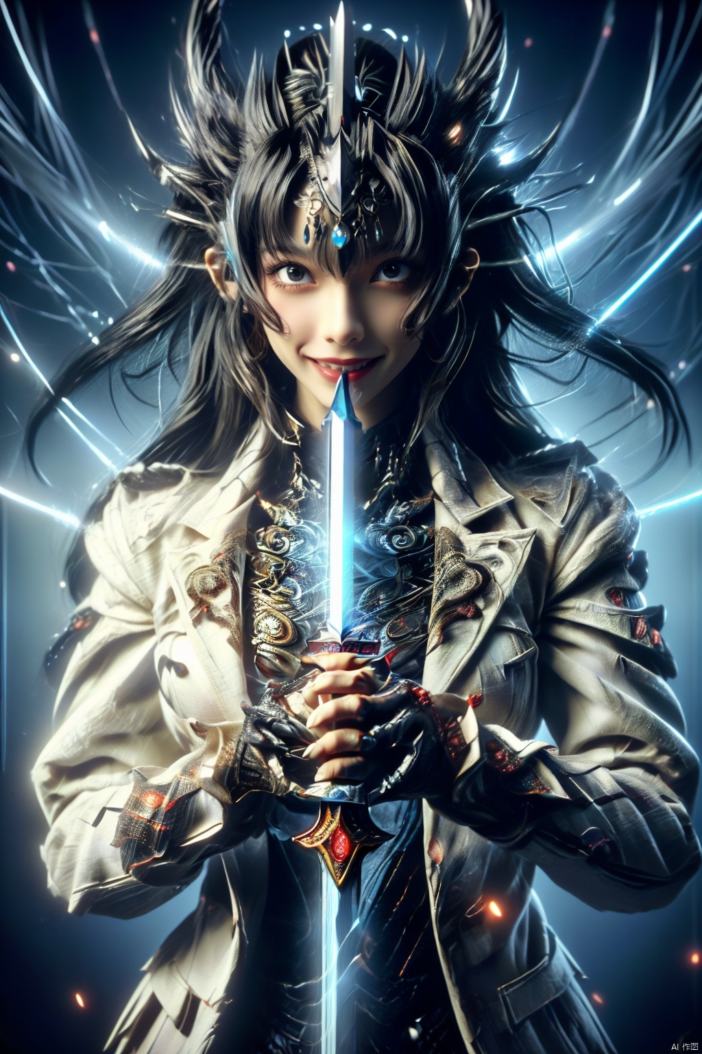  ( an extremely delicate and beautiful, ultra-detailed, perfect anatomy, ultra-detailed, beautiful detailed eyes, super detailed skin, high resolution, extremely detailed CG, unity 8k wallpaper, dynamic lighting, cinematic lighting, an extremely delicate and beautiful, textile shading, caustics, sharp focus, perfect hands, dynamic angle, dynamic angle, perfect hands, perfect fingers), (1female, black hair, long hair, sharp eyes:1.5, villain face, black eyes, white coat, holding ominous sword with both hands:2.0, thrusting her sword at viewer:2.0, stabbing her enemy:2.0, dynamic action:2.0), (total dark:2.0), (realistic ultra details), (realistic ultra details)