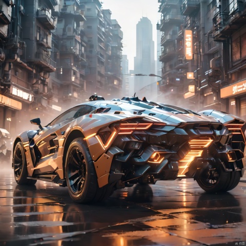  A super mecha combat vehicle, （sports car：1.5）, future technology, complex structure, luminous sports car, multi-light sports car, mecha structure, luminous headlights, line light on the car body, driving in the street, buildings, cities, ruins, smoke, depth of field, best quality, masterpiece, 8k., circuitboard