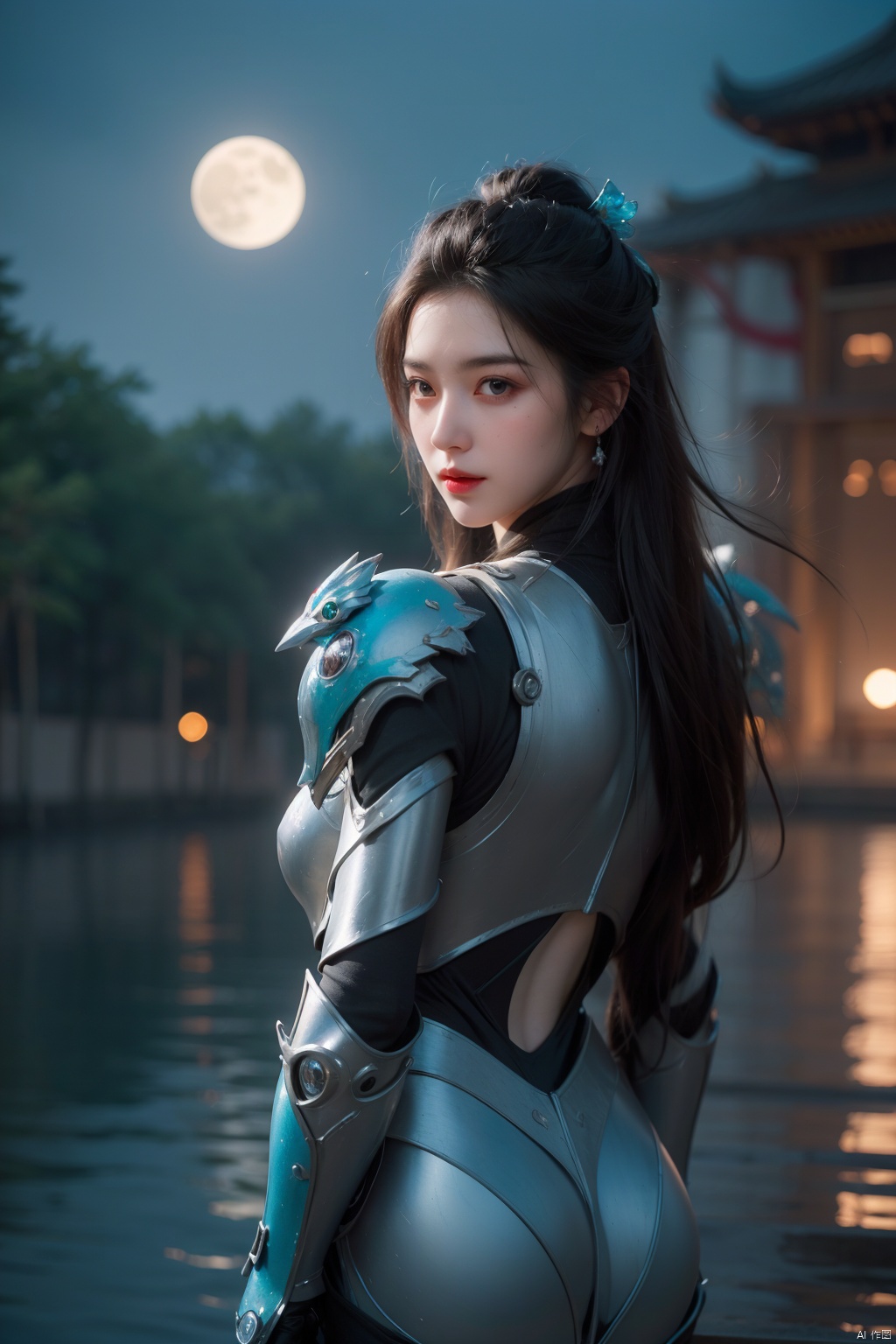 （extremely detailed cg：1.2）, (8k, RAW photo, best quality, masterpiece:1.2), (super realistic, photo-realistic:1.3), ultra-detailed, 4K, 8k wallpaper, hatching (texture), skin gloss, light persona, (crystalstexture skin:1.2), (extremely delicate and beautiful), ultra-high resolution, (photo realistic: 1.4),Up close, upper body, backlit,

Surrealism, Fantastical verisimilitude, beautiful blue-skinned goddess Phoenix Peacock on her head, fantastical creation, thriller color scheme, surrealism, abstract, psychedelic,
1 girl, (warrior, battle suit:1.3), (moon), moonlight, water surface, long hair, windy, qingyi, ll-hd, pf-hd, ty-hd,  EPICARMOR2024