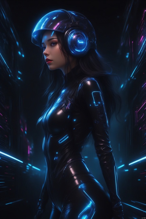  A super cool girl wearing a half-helmet ,The helmet has a glowing hologram, （Her lips and chin peeking out from under her helmet,chin,）In the cyber world, the network of glowing electrons,In the cyber world, the network of glowing electrons,Straight hair, Super Age,bodysuit, bare shoulders, (shoulder tattoos),Smooth latex suit, tight latex suit,1girl, solo, long hair, breasts, Holographic patternbackground, black hair, upper body, artist name, （covered eyes）,Half_helmet,neon, cyberpunk, neon lights, hologram,science fiction,anger,latex, daping