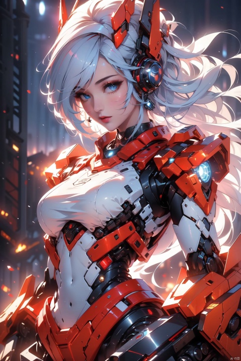  1 girl, frontal,blue eyes, white hair blowing in the wind, hands open, giant mecha warrior standing next to her, science fiction novel, mechanical armor, metallic luster, electroplating, clothing logo, Mars, spacecraft, floating cannon, hexagonal, (from bottom: 1.2), glow, backlight, (background blurry: 1.2) movie lighting, low illumination, VHS style, (masterpiece: 1.3), (best quality: 1.1), complex details, (Surrealism: 1.1), (Realistic details: 1.1), High level of detail, (The text on the cover should be bold and eye-catching, partially hidden behind the characters, with magazine titles and eye-catching titles: 1.4), Superview, Wide angle. Dynamic pose, lighting_ Stance, wide-angle lens