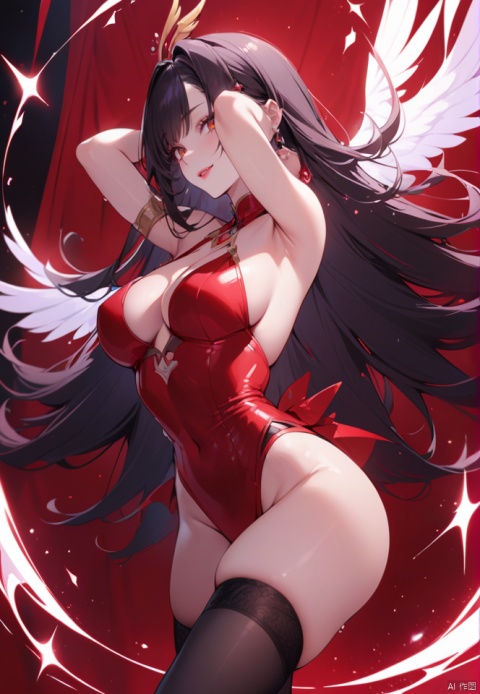 (best quality), (masterpiece), original, very detailed, 1girl, magical girl,orange eyes,solo, black hair, long hair, wings, thighhighs, black wings, armlet, jewelry, arms up, half gloves ,hime cut,black thighhighs, armpits, looking at viewer, leotard , bracelet, very long hair, feathered wings, breasts, red lips, smile, earrings, Light particle skin, intricate detail borders,Light particle energy fluid