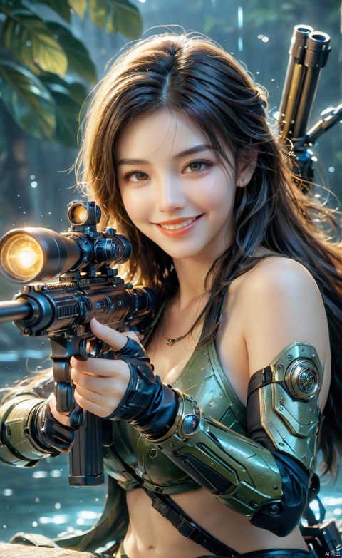  an realistic image of a female fantasy game character laying on the gorund, wielding glowing Sniper Rifle made of water, aiming at the camera, (wearing Bikini), water allay in background, digital art, HD, masterpiece, best quality, hyper detailed, ultra detailed, g005, light master, only revealing a pair of beautiful eyes, smile,light master, nahidadef, SDS_GLOW_BACKDROP, aier mote, BL0J0
