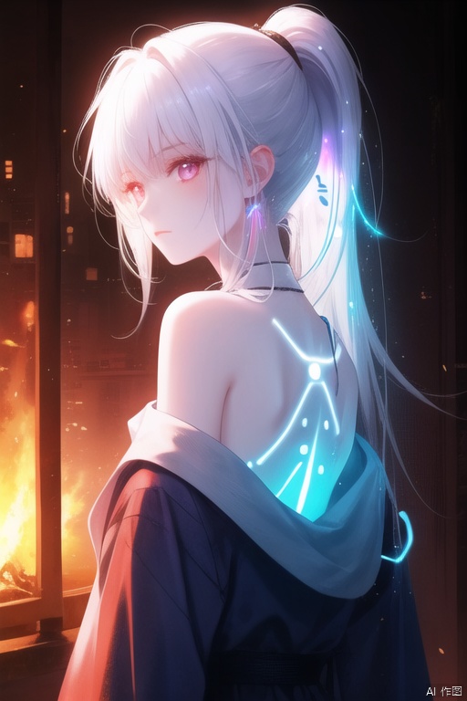 1girl,Long hair, (glowing:1.5),ponytail,fire, white hair,Off Shoulder,neon lamp, xiaowu, 1 girl
, （\personality\）