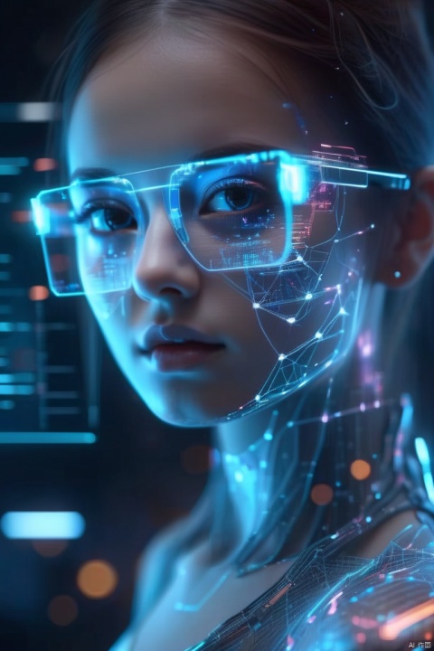 A girl was standing in front of the monitor,1girl,  holographic display, futuristic, holographic face, (hologram:1.2), (UI:0.7), (futuristic:1.2), particles, artificial eye, interface, cyborg, cyberpunk, nodes,Hologlasses, holographic body, off-the-shoulder,The background is a holographic screen, neon car