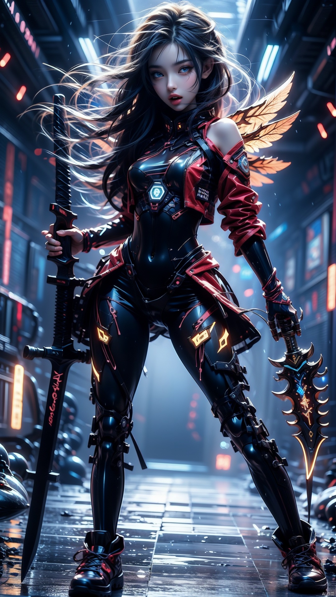 sunrise stance, (holding weapon:1.3),yellow eyes,half closed eyes,Red coat, blue eyes,evil,red hair,long hair,messy hair,black full bodysuit,serious,open mouth,ruins,sword,Combat shoes,open stance,Red coat, , solo,battle dress, glow glow,science fiction,CG,C4D, wings, Cyberworld