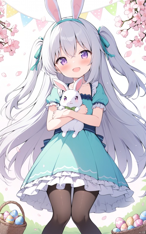  masterpiece,best quality,loli,1girl, solo, :d, animal, bangs, blue dress, blush, bunny, cherry blossoms, dress, flower, hair ribbon, holding, holding animal, long hair, looking at viewer, open mouth, petals, pink flower, purple eyes, ribbon, silver hair, smile, two side up, very long hair, white dress, white flower, hair between eyes, standing, collarbone, white hair, short sleeves, pantyhose, hairband, frills, head tilt, black pantyhose, feet out of frame, fake animal ears, frilled dress, green dress, rabbit, knees together feet apart, green ribbon, basket, egg, string of flags, aqua ribbon, easter egg, easter
