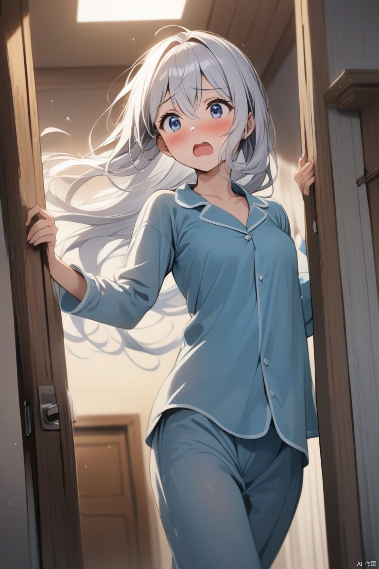  1girl, solo,
blue eyes, white hair, (long hair), hair between eyes, medium breasts, floating hair,
pajamas, long sleeves, 
(blush), [embarrassed], open mouth, 
opening_door, surprised, from below,
blurry background, indoors, morning, door,
masterpiece,bestquality