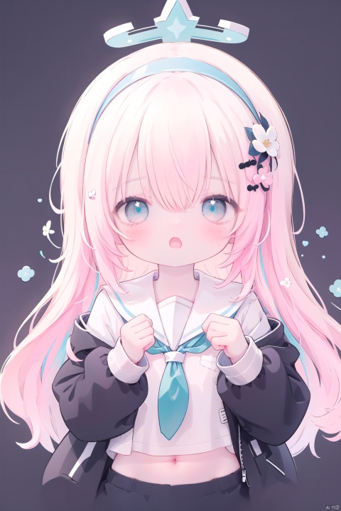 (masterpiece), (best quality), illustration, ultra detailed, hdr, (colorful),1girl, solo, long hair, looking at viewer, blush, open mouth, bangs, blue eyes, simple background, shirt, hair ornament, long sleeves, white background, ribbon, hair between eyes, school uniform, blue hair, jacket, hair ribbon, white shirt, upper body, pink hair, flower, heart, multicolored hair, hairband, open clothes, serafuku, puffy sleeves, virtual youtuber, hair flower, sailor collar, :o, two-tone hair, open jacket, black jacket, neckerchief, hands up, halo, white flower, puffy long sleeves, white sailor collar, cropped torso, blue hairband, pink neckerchief
