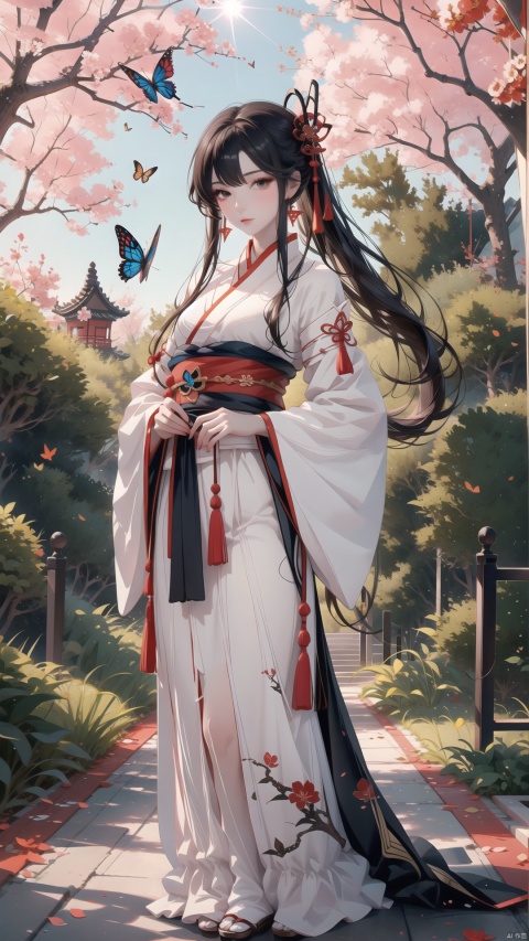 TT, 1girl, long hair, solo, hanfu, flower, chinese clothes, outdoors, tree, long sleeves, nature, butterfly, bird, bug, hair ornament, black hair, brown hair, full body, wide sleeves, sunlight
