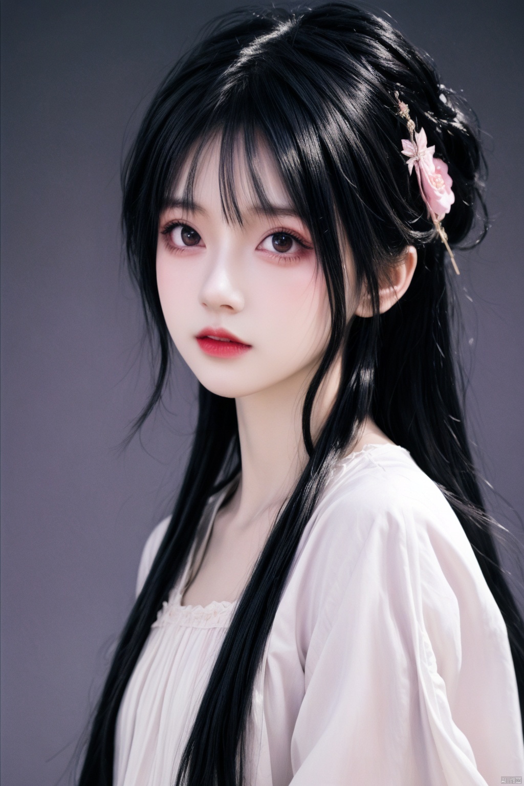  (((masterpiece))) anime style, cartoon, comic, anime comic, medium dark colors, soft tones, lighting details, generates an image of a 20-year-old a single gothic girl, black painted lips, pastel purple eyes, long black hair dark pastel purple background, the girls hair reaches her eyebrows, defined eyebrows