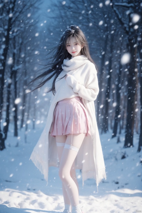  1 girl,Transparent skirt,pink face,stockings,(snow:1.2),(snowing:1.2),peach blossom,snow,solo,scarf,black hair,smile,long hair,bokeh,realistic,long coat,blurry, captivating gaze, embellished clothing, natural light, shallow depth of field, romantic setting, dreamy pastel color palette, whimsical details, captured on film,. (Original Photo, Best Quality), (Realistic, Photorealistic: 1.3), Clean, Masterpiece, Fine Detail, Masterpiece, Ultra Detailed, High Resolution, (Best Illustration), (Best Shadows), Complex, Bright light, modern clothing, (pastoral: 1.3), smiling,standing,(very very short skirt:1.5),knee socks,(white shoes: 1.4),long legs, forest, grassland,(view: 1.3), 21yo girl, striped, wangyushan, capricornus, 1girl, light master
