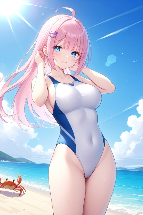  1girl, solo, looking at viewer, blue eyes, half-closed eyes, long hair, pink hair, blunt bangs, ahoge, big breasts, hairclip, one-piece swimsuit, covered navel, highleg, competition swimsuit, white one-piece swimsuit, highleg swimsuit, standing, put hand on own ear, smile, half-closed eyes, closed mouth, blush, day, sunlight, lens flare, sea, sand, cloud, sea mew, crab, wind, floating hair, from side, dutch angle, bestquality
