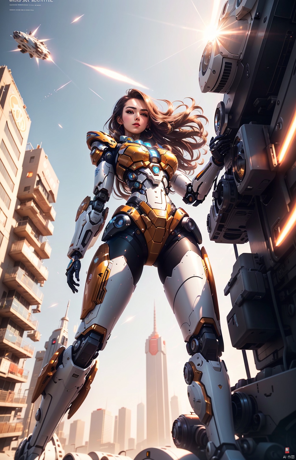  1girl, parted lips, hair blowing in wind, open hand, machinery, Mecha, science fiction, machinery armor, Metallic luster, electroplated, clothes sign, Mars, spaceship, floating cannon, hexagon, (from below:1.2), glow, backlighting, (background blur:1.2), cinematic lighting, Low illumination, VHS-style, (masterpiece:1.3), (best quality:1.1), intricate detailed, (Hyperrealistic:1.1), (realistic details:1.1), highly detailed, (the text on the cover should be bold and attention-grabbing, with the title of the magazine and a catchy headline:1.4), , ,Super perspective,wide shot. Dynamic pose, fighting_stance.,wide shot, BY MOONCRYPTOWOW