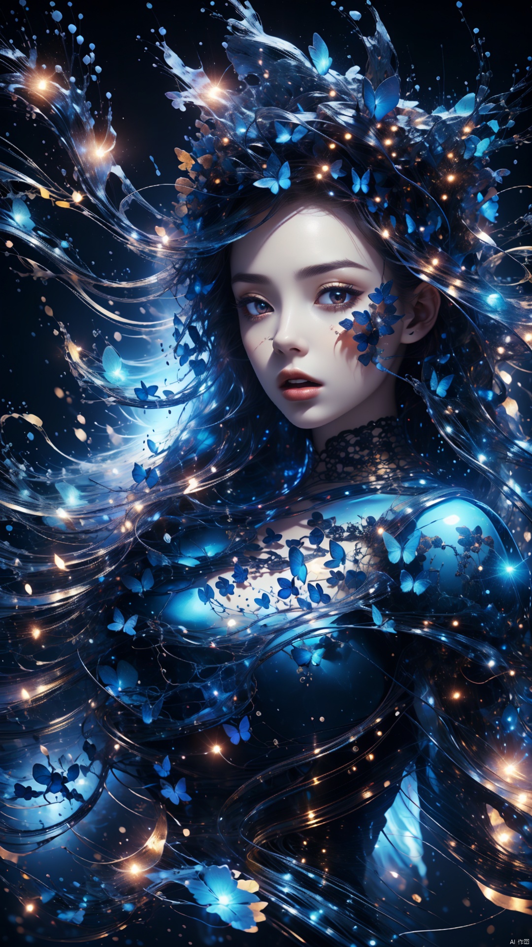 high quality, stary night blue black butterfly, splash arts, aesthetic for Tshirt design, highly detailed, darktone