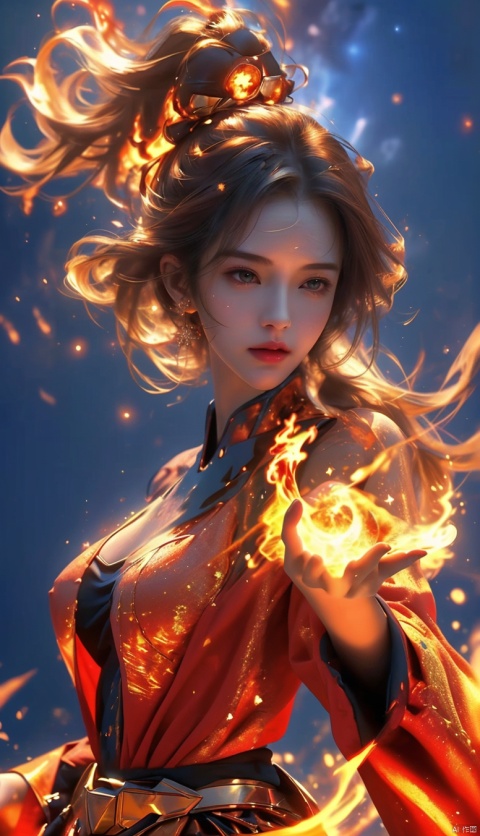  masterpiece, 1 girl, Look at me, Long hair, Flame, A magical scene, glowing, Floating hair, realistic, Nebula, An incredible picture, The magic array behind it, Sister., Exposed clothes, Big breasts, Stand, textured skin, super detail, best quality