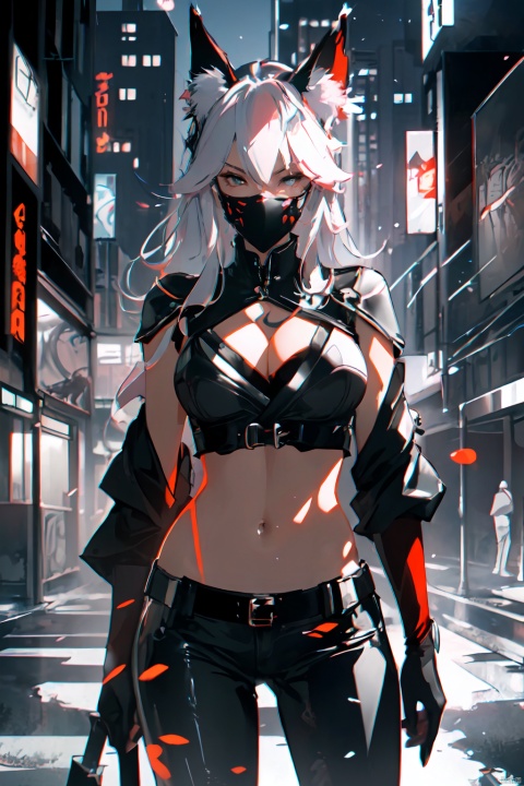  cyberpunk cityscape, a girl dressed in an elegant black suit, who has the( mask of a kitsunes blak_red:1.4), holding a baseball bat on his shoulder, with black leather gloves, 8k quality, in a medium shot on a background of a night city. digital art and illustration by greg rutkowski, trending pixiv, award winning cinematic dramatic lighting closeup portrait studio photography hyperrealistic very detailed 4K HDR volumetric lightrays octane render ultra, greyscale, , neon lights, dark alleys, skyscrapers, futuristic, vibrant colors, high contrast, highly detailed,tamamo (fate),fox girl,medium breasts,(cowboy shot),(nsfw:0.9), Thick coating