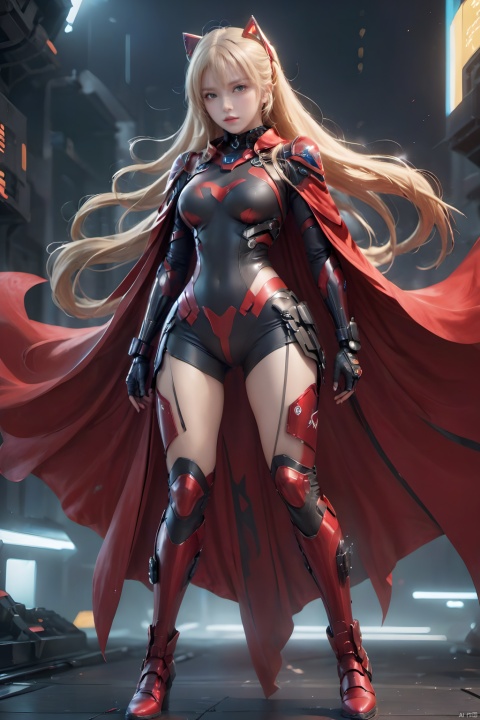  1girl,Future style gel coat,Future Combat Suit,armor,armored boots,red cape,blonde hair,bodysuit,boots,breasts,cloak,full body,long hair,looking at viewer,medium breasts,solo,standing,twintails