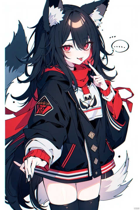  best quality, amazing quality, very aesthetic,1girl, animal_ears, thighhighs, red_eyes, solo, black_hair, hair_over_one_eye, tail, medium_hair, nail_polish, looking_at_viewer, fox_ears, black_thighhighs, fox_tail, tongue, long_sleeves, licking_finger