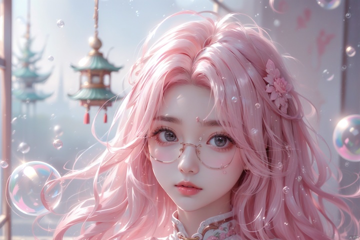  (bubble:1.5),High quality, ultra high definition, surreal, highest resolution, high detail, clear visuals, girl, full body portrait, sapphire eyes, red lips, exquisite facial features, looking at the camera, (facial close-up), ((pink hair)), mid chest, (round neck), tallfigure,,highheels,gym,PinkMecha,latex,4k,极致细节,****,油亮的乳胶衣,Chinese cheongsam,siting,(wearing exquisite glasses"。,FF pink eyes,sitting in a Chinese-style garden pavilion, (\meng ze\)