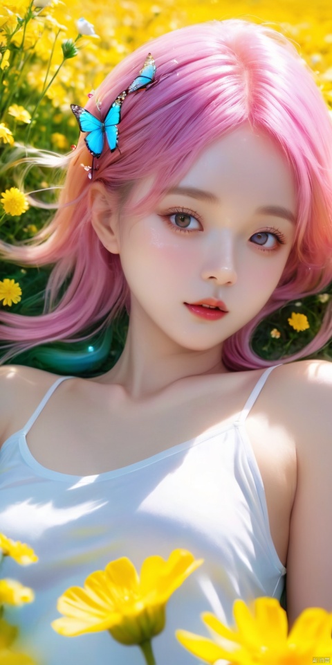 (best quality),(masterpiece), 1 girl, (light yellow skirt) , multi-colored hair, pink hair, butterfly headband, white motor headset, (rape flower) , flower field, flower sea, rape flower field, yellow painting, body, lie down, navel, white transparent skin, soft light from above, masterpiece, best quality, 8k, HDR, Light master, g002