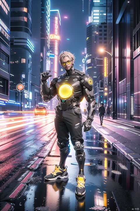  technology skylock, scenery, science fiction, building, city, city lights, road, outdoors, night, reflection, skyscraper,
suoti\(ip\), boy, Green eyes,Children,, cyborg, yellow eyes, full body,touch the front with your hand, facial hair, tinted eyewear, science fiction,standing,mechanical arms
 hand, 
masterpiece,best qualityhighly detailed,realistic rendering,unreal engine,octanerender,realistic rendering,
