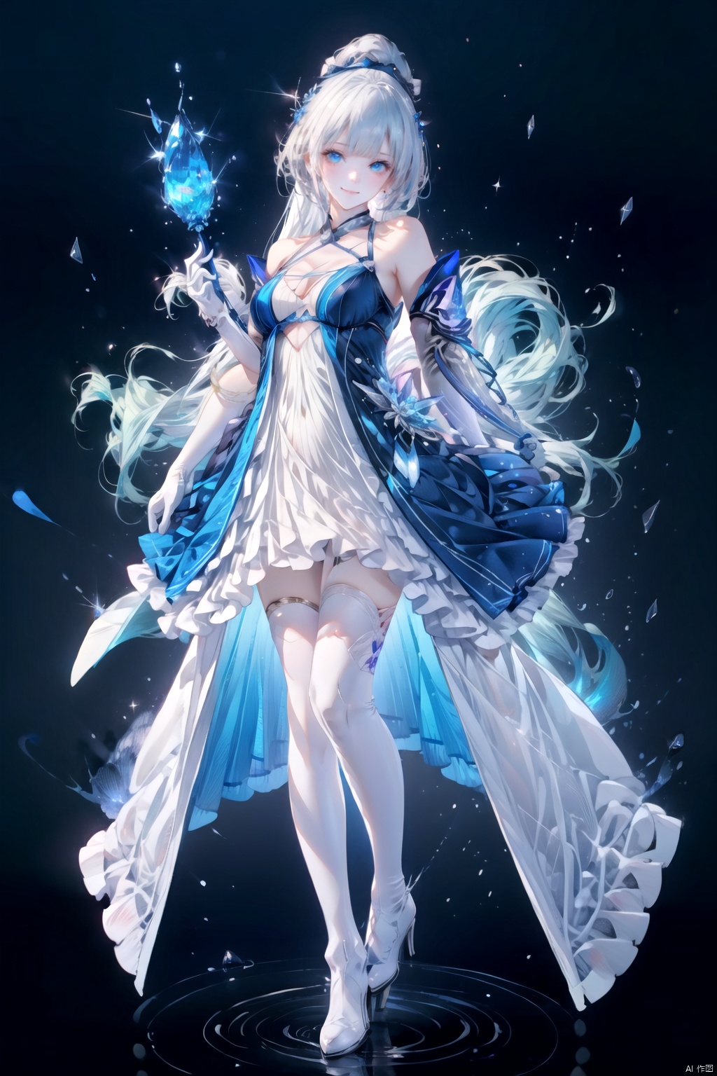  tianqijijijia, solo, 1girl, long hair, blue eyes, gloves, smile, looking at viewer, bangs, full body, mecha musume, dress, high heels, white hair, boots, tattoo, thighhighs,breasts, elbow gloves, heart, bare shoulders, white dress, floating hair, high heel boots, thigh boots, inksketch