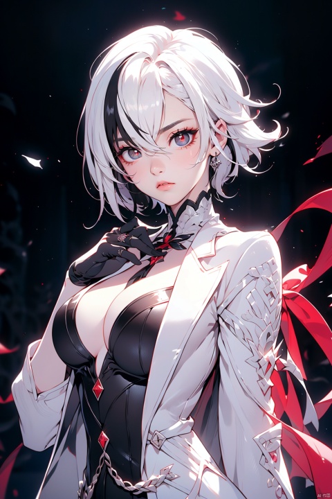  (masterpiece, best quality, best shadow,official art, correct body proportions, Ultra High Definition Picture,master composition),(bust:1.4), (light), (best hands details:1.4), 
//////
1girl, solo, breasts, looking at viewer, bangs, simple background, black hair, red eyes, gloves, long sleeves, hair between eyes, short hair, jewelry, upper body, white hair, multicolored hair, parted lips, teeth, black gloves, black eyes, two-tone hair, lips, streaked hair, coat, symbol-shaped pupils, ring, white coat, red pupils, x-shaped pupils, 
//////
(dark background), church, light, 
//////
1girl, cute girl,