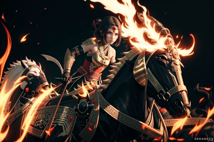  Master level work, high-quality, 4K wallpaper, a warrior from ancient China, riding a Wuzhui horse and holding a shiny silver gun. The background is an ancient battlefield, where smoke and gunpowder rise everywhere, creating a tragic scene.,circlet, gem, hair ornament, holding weapon, red eyes, weapon, short hair, sleeveless, black hair, 1girl, solo