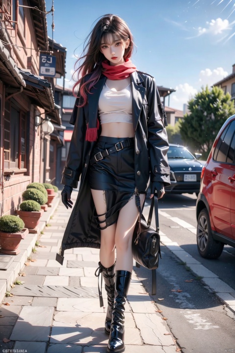  GY,1girl,leather,leather jacket,solo,scarf,multicolored hair,jacket,gloves,goggles,pink hair,looking at viewer,blue eyes,goggles on head,black jacket,streaked hair,fingerless gloves,short hair,black gloves,white hair,red hair,boots,thigh boots,belt,short skirt, jacket,green short skirt, ahoge, scarf, midriff, sky, outdoors, day, desert, cloud,scenery,sand,rock,tree,mountain, full body, (raw photo:1.2),((photorealistic:1.4))best quality,masterpiece,illustration,an extremely delicate and beautiful,extremely detailed,CG,unity,8k wallpaper,Amazing,finely detail,masterpiece,best quality,official art,extremely detailed CG unity 8k wallpaper,absurdres,incredibly absurdres,huge filesize,ultra-detailed,highres,extremely detailed,beautiful detailed girl,cinematic lighting,pale skin,tall female,(perfect body shape),skinny body,Slender legs,