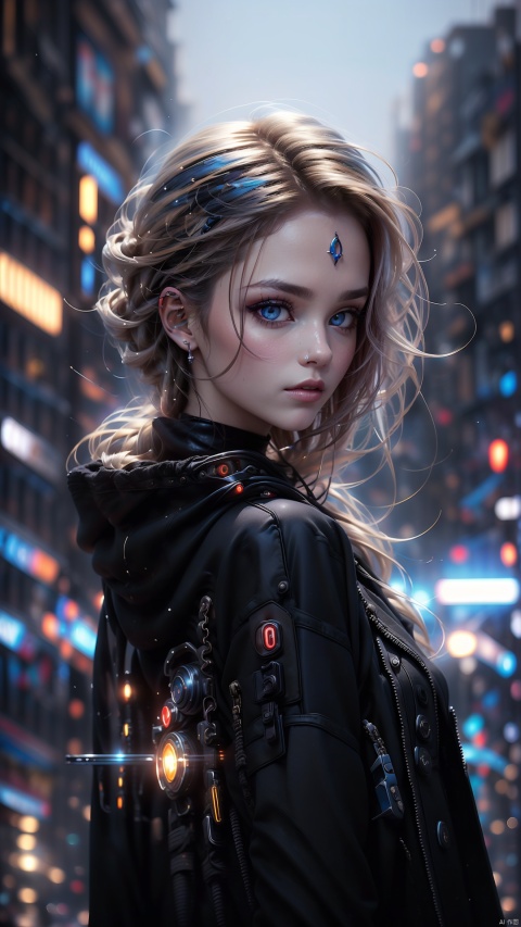 (masterpiece:1.3), (8k, photor ealistic, RAW photo, best quality: 1.4),An image of a super cool girl on an empty city road 1girl, solo, looking at viewer, blue eyes, blonde hair, upper body, outdoors, parted lips, blurry, lips, coat, night, depth of field, blurry background, black coat, realistic, bokeh,urban sky setting, Hazy light,Light effects, Cyberpunk girl