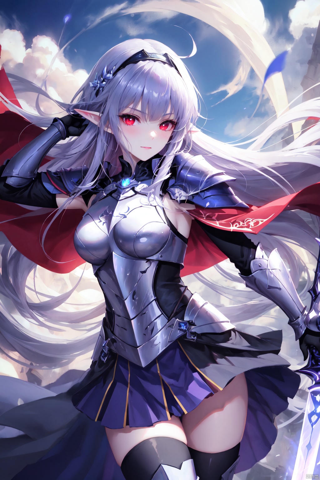  1girl, armor, yuuki \(sao\), glowing sword, solo, holding, glowing weapon, weapon, sword, long hair, red eyes, breastplate, red hairband, ahoge, holding sword, glowing, feet out of frame, looking at viewer, holding weapon, thighhighs, unsheathed, smile, pointy ears, purple hair, hairband, cape, cloud, purple cape, energy, bangs, very long hair, cloudy sky, light particles, knight, sky, closed mouth, black thighhighs, thighs, magic, boots, skirt, dual wielding, day, sheath, hair intakes, leotard, standing, rapier, purple gloves, blush, parted bangs, shiny hair, purple skirt, outdoors, shoulder armor, slit pupils, blue sky, shiny, gauntlets, floating hair, long skirt, armored boots