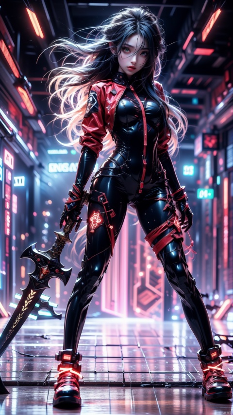  sunrise stance, (holding weapon:1.3),yellow eyes,Red coat, blue eyes,evil,red hair,long hair,messy hair,black full bodysuit,serious,ruins,sword,Combat shoes,open stance,Red coat, , solo,battle dress, glow glow,science fiction,CG,C4D, Cyberworld