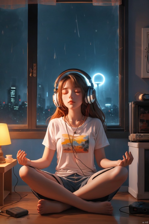  fine art, oil painting, amazing sky, . European Hippie Girl meditating in her room, dreaming, Wear headphones, night lights, Neon landscape on a rainy day, Analog Color Theme, Lo-Fi Hip Hop , retrospective, flat, 2.5D