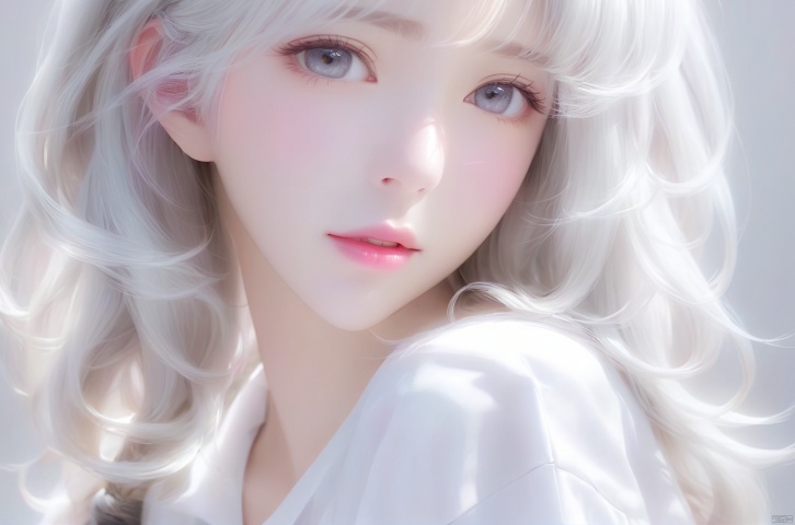  1girl, lips, realistic, solo,Silver white hair, white shirt, slightly rosy face,eyes,eye, 1 girl, 1girl, girl, A girl