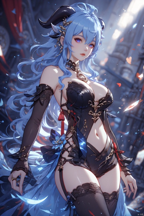 (masterpiece, best quality, best shadow,official art, correct body proportions, Ultra High Definition Picture,master composition),(bust:1.4), (backlight), 
//////
ganyu,1girl,solo,blue hair,ahoge,horns,with a little bell around his neck,detached sleeves, sidelocks,alternate costume,metallic white flower hair accessories,bangs,hair between eyes,bare shoulders,long hair,dress, sexy, plump, 
//////
(dark background), light, 
//////
1girl,cute girl, Metal_wing, masterpiece, ganyu, tattoo on stomach