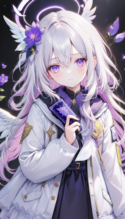(masterpiece), (best quality), illustration, ultra detailed, hdr, Depth of field, (colorful),[pottsness],[iumu],[Sheya],1girl, azusa (blue archive), wings, solo, halo, flower, long hair, white hair, black background, holding, hair between eyes, simple background, looking at viewer, purple eyes, black dress, white jacket, dress, holding card, card, jacket, hair ornament, white wings, long sleeves, closed mouth, hair flower, feathered wings, school uniform, angel wings, blush, crossed bangs, pink flower, purple flower