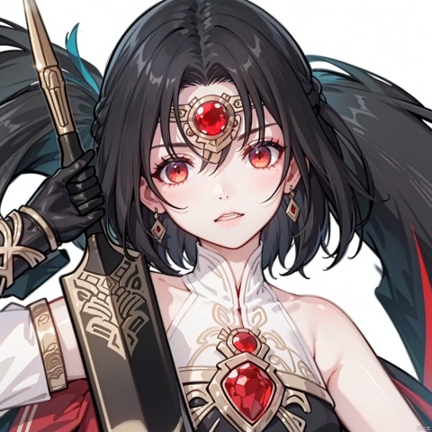  (masterpiece:1.3),(the best quality:1.2),(super fine illustrations:1.2),(Masterpiece),high quality,high detail,(white background:1.2),looking at viewer,(SOLO:1.4),outline,simple background,,circlet,gem,hair ornament,holding weapon,red eyes,weapon,short hair,sleeveless,black hair,1girl,solo,