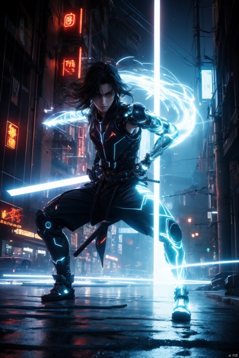  1girl,stealth stance,cybernetic enhancements,short black hair,yellow eyes,high-tech ninja attire,katana with energy blade,neon cityscape,neon glow,cybernetic tattoos,focused expression,dynamic pose,neon reflections,