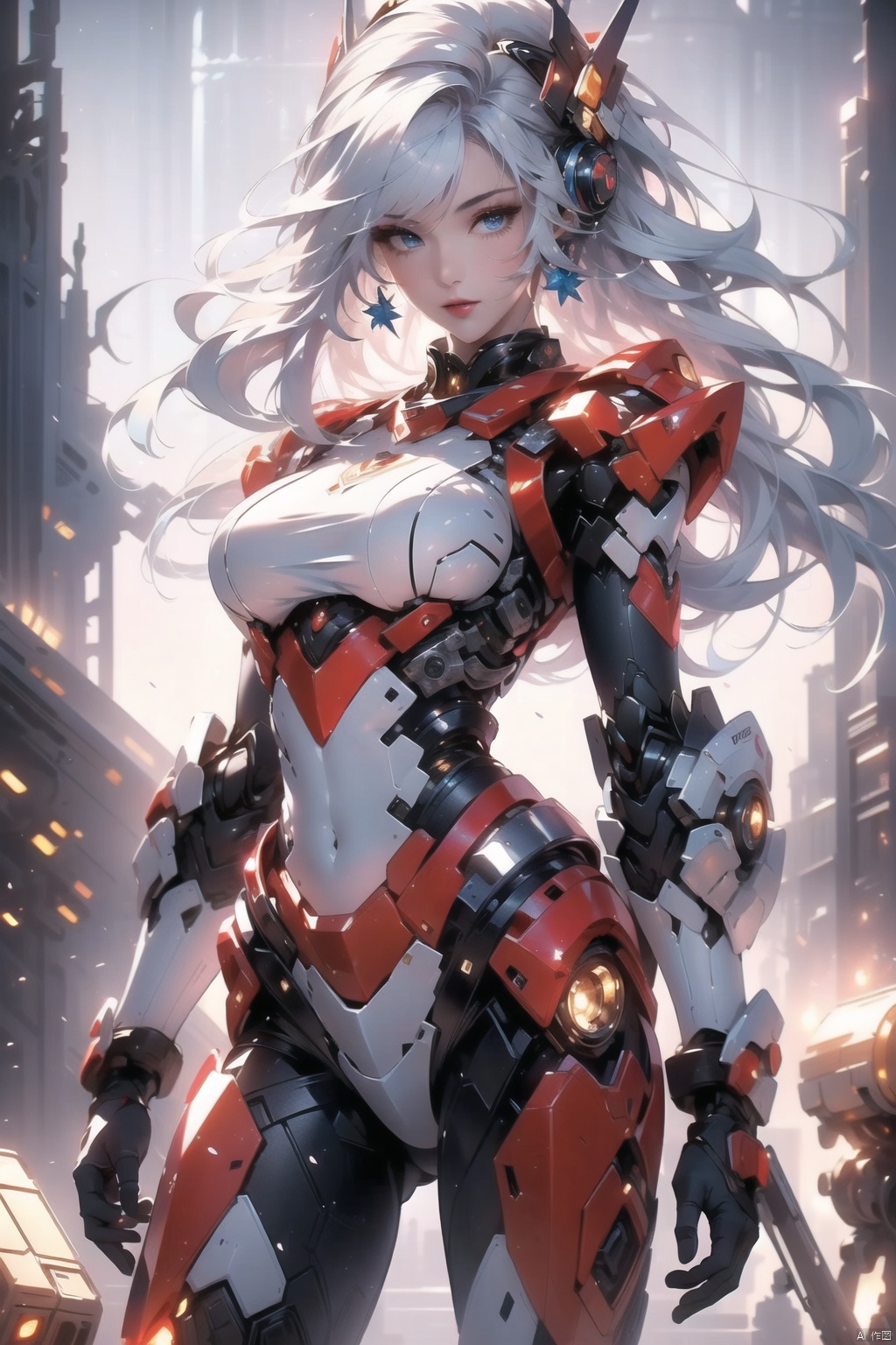  1 girl, frontal,blue eyes, white hair blowing in the wind, hands open, giant mecha warrior standing next to her, science fiction novel, mechanical armor, metallic luster, electroplating, clothing logo, Mars, spacecraft, floating cannon, hexagonal, (from bottom: 1.2), glow, backlight, (background blurry: 1.2) movie lighting, low illumination, VHS style, (masterpiece: 1.3), (best quality: 1.1), complex details, (Surrealism: 1.1), (Realistic details: 1.1), High level of detail, (The text on the cover should be bold and eye-catching, partially hidden behind the characters, with magazine titles and eye-catching titles: 1.4), Superview, Wide angle. Dynamic pose, lighting_ Stance, wide-angle lens