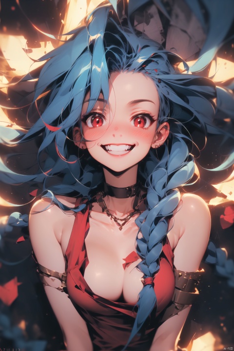  1 girl, playful smile, solo, long hair, chest, looking at the audience, blush, bangs, red eyes, cleavage, bare shoulders, jewelry, medium breasts, laugh, teeth, blue hair, collarbone, upper body, braids, earrings, shot from above,