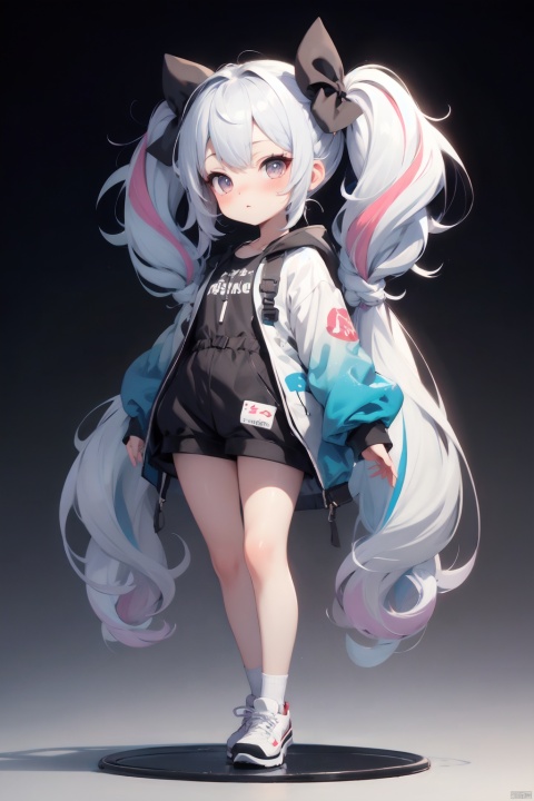 Masterpiece, high quality, 8K, full body, solo, 1girl, solo, long hair, looking at viewer, blush, bow, twintails, blue hair, full body, white hair, multicolored hair, chibi, see-through, gradient, grey eyes, gradient background, white footwear