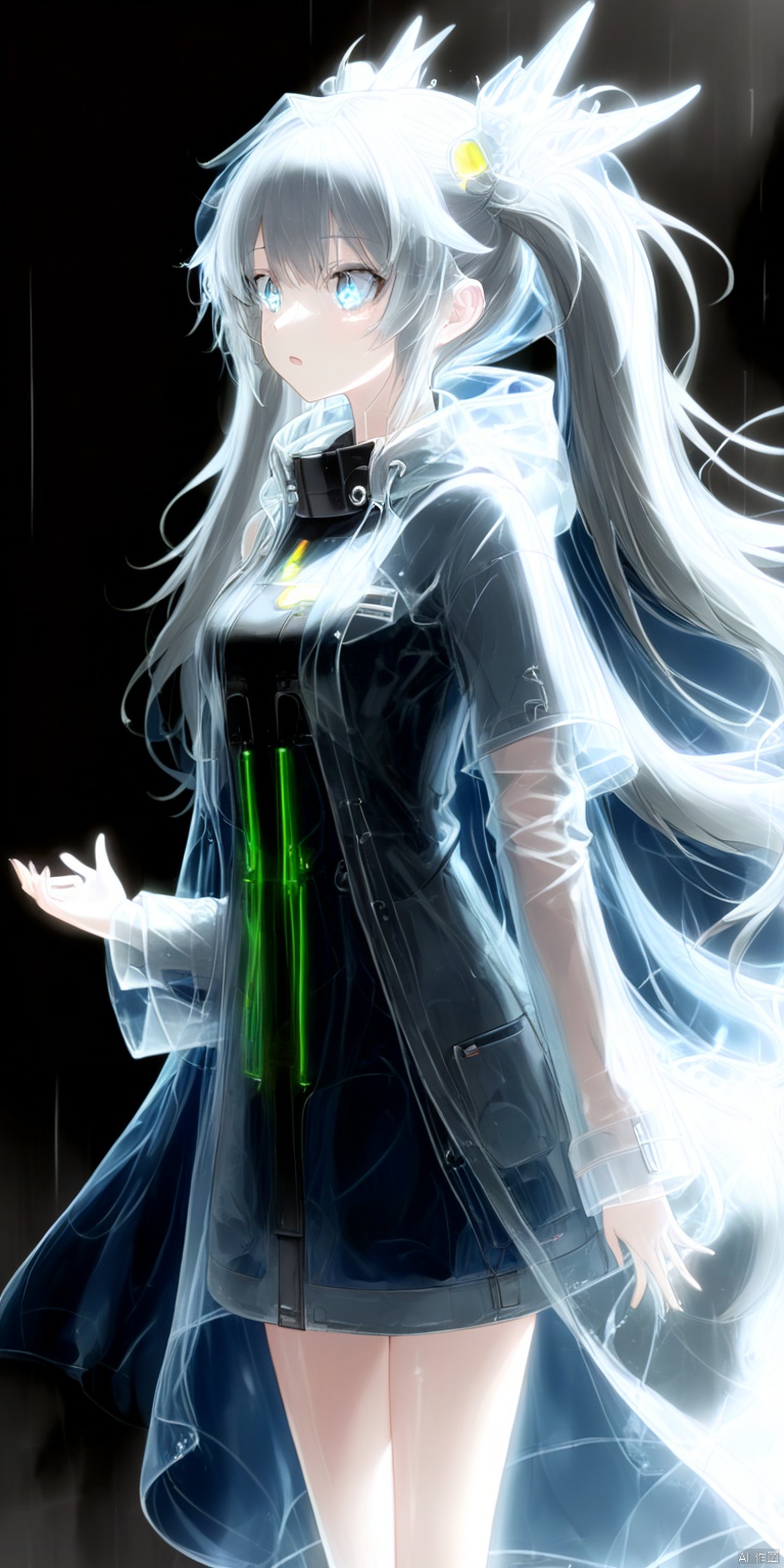  (masterpiece), (best quality), sci-fi girl, (disheveled hair), very long grey blue hair, twintails, mignon, detailed cute eyes, (transparent raincoat), (transparent plastic cloak), long cyber hooded jacket, dragon,red led, green led, yellow led, x-ray
